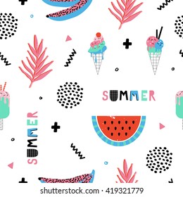 Summer seamless pattern with bananas and watermelon in pop art style. Vector illustration