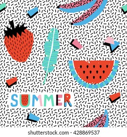 Summer seamless pattern with bananas and watermelon in pop art style. Vector illustration