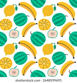Summer seamless pattern with bananas, watermelons, lemons, oranges, and apples. Vector design for print with colordul fruits. 