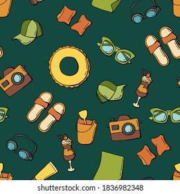 Summer seamless pattern. Beach accessories. Cute hand drawn illustrations on a dark green background.