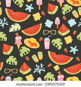 Summer seamless pattern with beach accessories and seashells and with pieces watermelon on black background. Vector illustration in flat cartoon style for design, wallpaper, wrapping paper, fabric