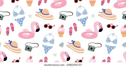 Patrón sin costuras de verano con accesorios de playa, Fondo de pantalla de temporada, fondo decorativo