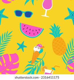 Summer seamless pattern with beach accessory and fruit. Watermelon, sunglasses, ice cream, pineapple, coctail, tropical leaves. Cartoon vector illustration. Fashion, fabric design, wrapping paper. 