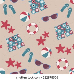Summer seamless pattern with beach attributes (vector background)
