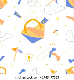 Summer seamless pattern with beach bag and cream. Modern vector illustration on a white background