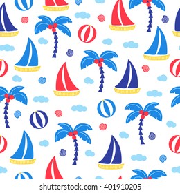 Summer seamless pattern with beach ball, palm trees, clouds, shells and sailing ship. Perfect for wallpaper, wrapping paper, web page background, summer greeting cards. Vector illustration