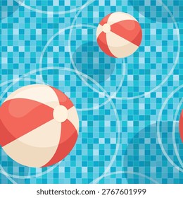 Summer seamless pattern of beach balls on a checkered pool background. A blue background with circles of red and white balls. A top view of a summer pool with toys.