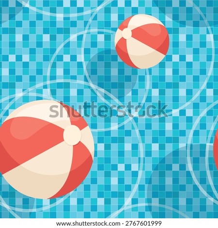 Summer seamless pattern of beach balls on a checkered pool background. A blue background with circles of red and white balls. A top view of a summer pool with toys.