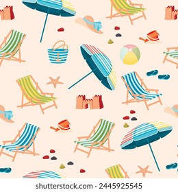 Summer seamless pattern with beach chair.Sun umbrella, flip-flops, hat, ball, sand castle,colorful stones.Set of elements for relaxation on the shore.Vector design for printing on fabric and paper.