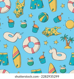 summer seamless pattern with beach doodles, clip art, cartoons for kids apparel decor, textile prints, wallpaper, wrapping paper, digital paper, backgrounds. EPS 10