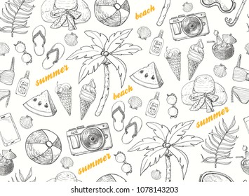 Summer seamless pattern with beach elements. Vector illustration for your design