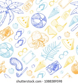 Summer seamless pattern with beach elements. Vector illustration for your design