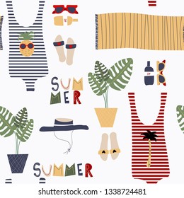 Summer seamless pattern with the beach elements 