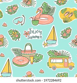 Summer seamless pattern with beach elements such as palm tree, watermelon slice, bag, ice cream, flamingo, swimming circle, sailboat. Fashion colorful print design, vector illustration