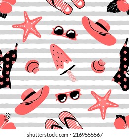 Summer seamless pattern with beach elements. Ice cream, swimsuit, starfish, watermelon, hat. Vector clipart.