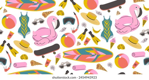 Summer seamless pattern with beach elements. Collection with flamingo inflatable circle, surfboard, skateboard, swimsuit, straw hat, diving mask, fins, sunglasses. Summer background