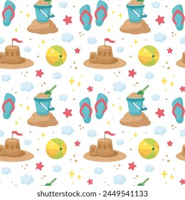 Summer seamless pattern. Beach games. Summertime fabric. Beach holidays texture. Cartoon style, Kids vector illustration. Flat design. Summer sea vacation concept