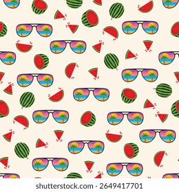 Summer seamless pattern. Beach glasses, palm tree and watermelon slices seamless hand drawn vector background for fabric print, scrapbook and decoration