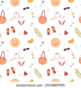 Summer seamless pattern with beach holiday accessories. Bright vector clipart with bag, glasses, swimsuit.