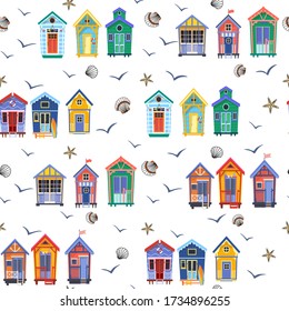 Summer seamless pattern with beach huts. Vector illustration.