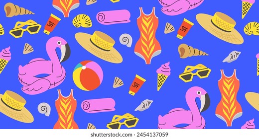 Summer seamless pattern with beach objects. Background with swimsuit, pool ball, shells, sunscreen, straw hat, glasses, inflatable flamingo ring, ice cream, towel. Flat design. Summer activities