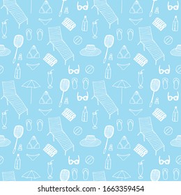 Summer seamless pattern beach supplies, vector illustration, blue and white color, hand drawing
