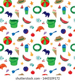Summer seamless pattern. Beach symbols .Bucket, toys, ice cream. Cartoon style with texture. Vector illustration. Colorful elements isolated on white.