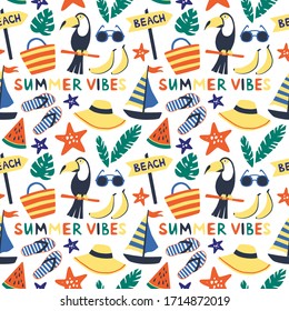 Summer seamless pattern. Beach theme. Vector illustration with hat, sunglasses, bananas, watermelon piece, toucan, starfishes, yacht, slippers and beach bag.