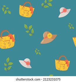 Summer seamless pattern. beach theme. Vector illustration with hat, beach bag on blue. Fashion print design, vector illustration