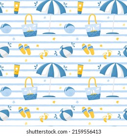 Summer seamless pattern with a beach umbrella, bag, ball, flip-flops and a shell. Cute beach vector illustrations in a flat cartoon style on a white background with blue texture stripes.