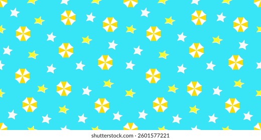 Summer seamless pattern with beach umbrellas and stars on a blue background. Geometric minimalist style