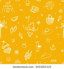Summer seamless pattern with beach and vacation hand drawn doodle elements on yellow background. Vector design for print, fabric, wallpaper or wrapping paper.