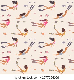 Summer seamless pattern with beautiful girls swimming underwater. Cool wallpaper. Vector illustration