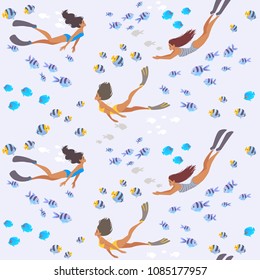Summer seamless pattern with beautiful girls and fishes. Cool wallpaper. Vector illustration