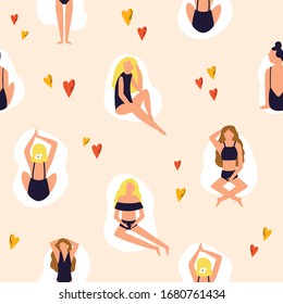 Summer seamless pattern with beautiful girls in swimsuits. Holiday vector illustration