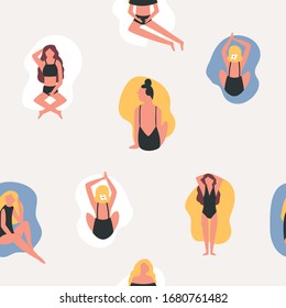 Summer seamless pattern with beautiful girls in swimsuits Holiday summertime vector illustration.