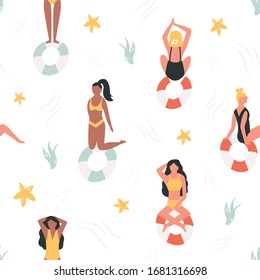 Summer seamless pattern with beautiful girls in swimsuits. Holiday vector illustration