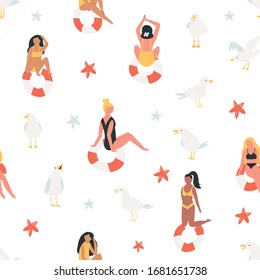 Summer seamless pattern with beautiful girls in swimsuits. Holiday vector illustration