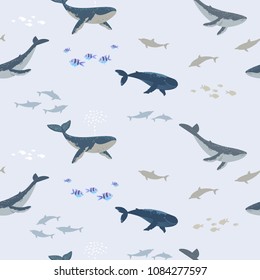 Summer seamless pattern with beautiful whales and fishes. Cool wallpaper. Vector illustration