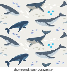 Summer seamless pattern with beautiful whales and fishes. Cool wallpaper. Vector illustration