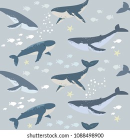 Summer seamless pattern with beautiful whales and fishes. Cool wallpaper. Vector illustration