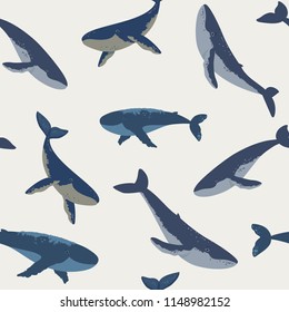 Summer seamless pattern with beautiful whales. Cool wallpaper. Vector illustration
