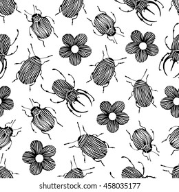 Summer seamless pattern with beetles and flowers.