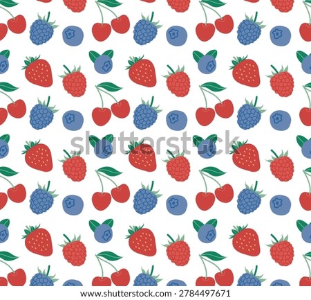 Summer seamless pattern of berries-strawberries, raspberries, blueberries, cherries
