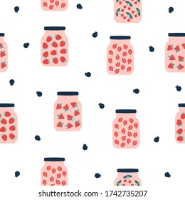 Summer seamless pattern with berry jam background. Element for your design textile, fabric, scrapbooking paper, wallpaper, menu cafe, bistro, restaurant, label and packaging. Vector illustration.