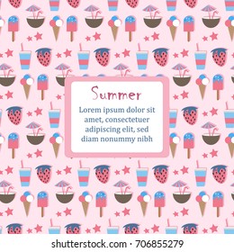 Summer Seamless Pattern with beverage, coconut, ice cream and strawberry. Cute Background, summer fruits. Vector Illustration. Eps 10