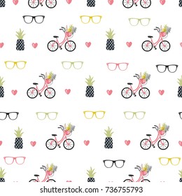 Summer seamless pattern with bicycle and pneapples