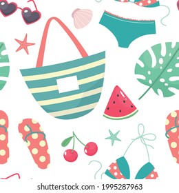 Summer seamless pattern with bikini, handbag, flip flops, watermelon, glasses, tropical leaf. Vector illustration.