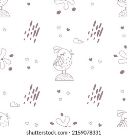 Summer seamless pattern with bird, clouds and raindrops.