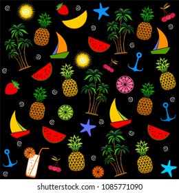 Summer seamless pattern. Black summer background with watermelon slice, pineapple, sun, palm tree, starfish, cocktail, boat, anchor and strawberry. Fashion print design. Flat style. Vector